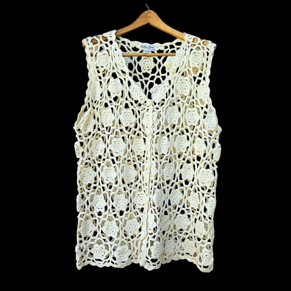 Crochet  Floral Open Knit Vest Womans 2XL Beige Off White Boho Festival Cottage